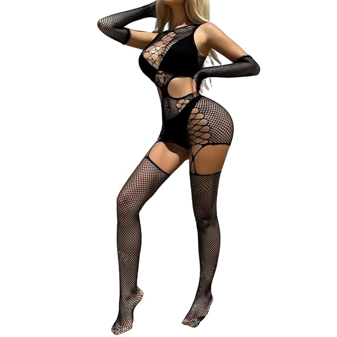 Neska Moda Women's Fishnet Lingerie Body Stocking Babydoll Bodysuit for Sex Naughty Sleepwear Role Play Hollow Nightwear Nightgowns-STK242