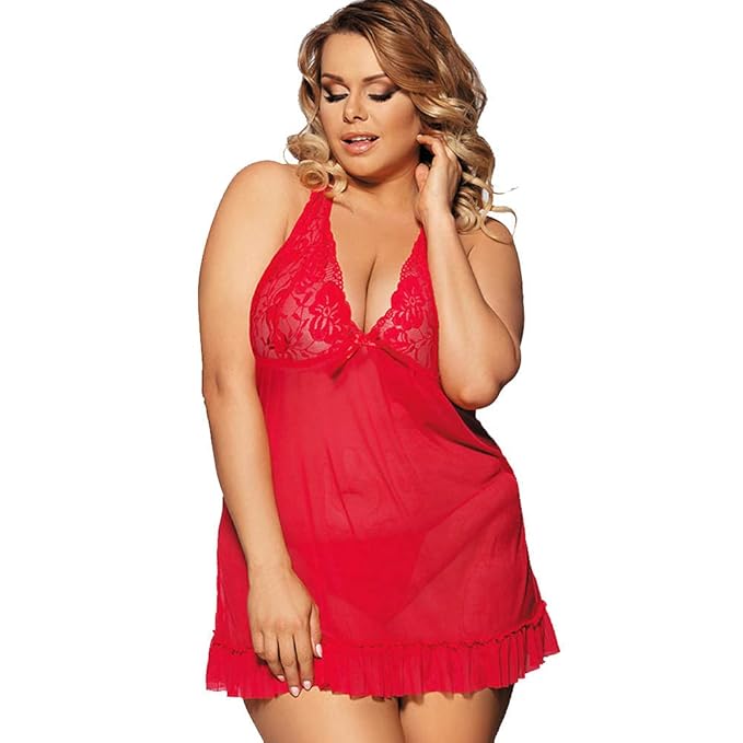 Sparkles and Satin Presents Plus Size Red Mesh and Lace Babydoll Lingerie