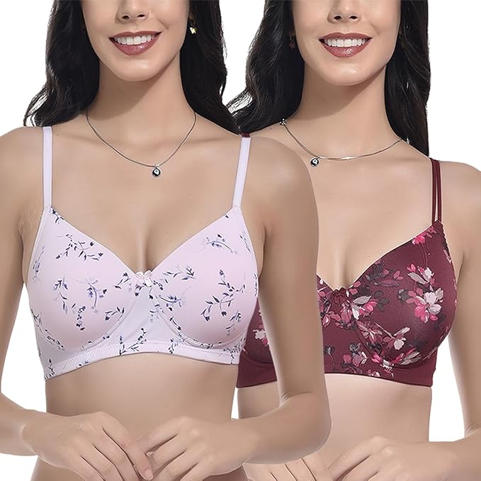 FIMS - Fashion is my style Women’s Lightly Padded Bra, Stretch Cotton Lycra, T-Shirt Non-Wired Full Coverage Everyday Wear, Combo Pack of 2, Cup- B
