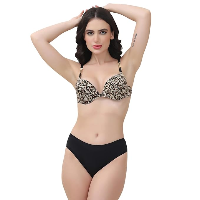 Quttos PrettyCat Underwire Pushup Padded Front Open Sexy Bra Panty Set with Chain Strap