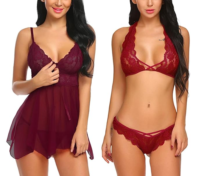 Xs and Os Combo of Women Nightwear Lingerie with Lace Bra Panty Set