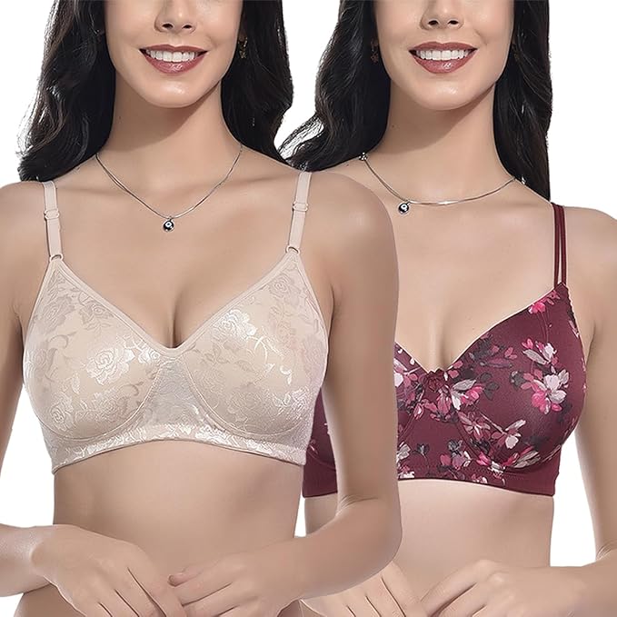 FIMS - Fashion is my style Women’s Lightly Padded Bra, Stretch Cotton Lycra, T-Shirt Non-Wired Full Coverage Everyday Wear, Combo Pack of 2, Cup- B