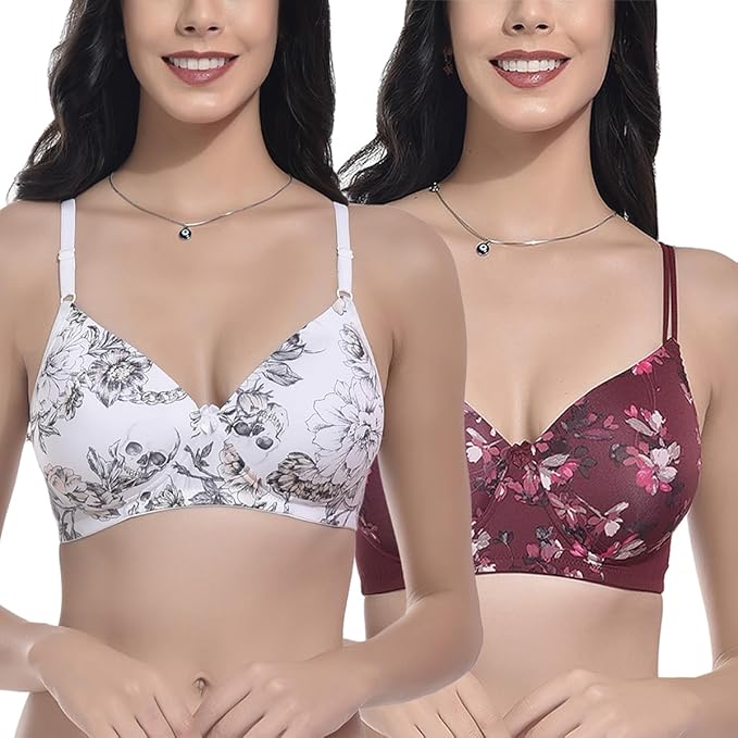 FIMS - Fashion is my style Women’s Lightly Padded Bra, Stretch Cotton Lycra, T-Shirt Non-Wired Full Coverage Everyday Wear, Combo Pack of 2, Cup- B