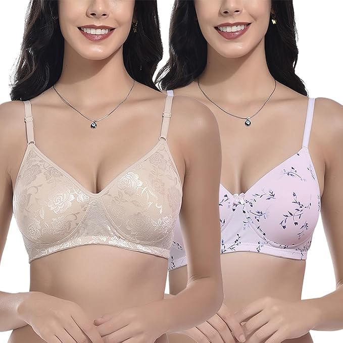 FIMS - Fashion is my style Women’s Lightly Padded Bra, Stretch Cotton Lycra, T-Shirt Non-Wired Full Coverage Everyday Wear, Combo Pack of 2, Cup- B