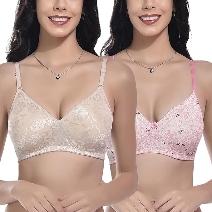 FIMS - Fashion is my style Women’s Lightly Padded Bra, Stretch Cotton Lycra, T-Shirt Non-Wired Full Coverage Everyday Wear, Combo Pack of 2, Cup- B