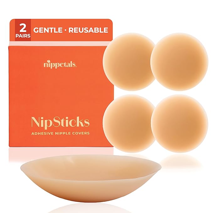Nipple Covers for Women | Ultra-Thin Adhesive Silicone Nipple Pasties | Reusable Invisible Breast Covers with Strong Hold | Sweatproof & Waterproof | 2 Pairs + Travel Case