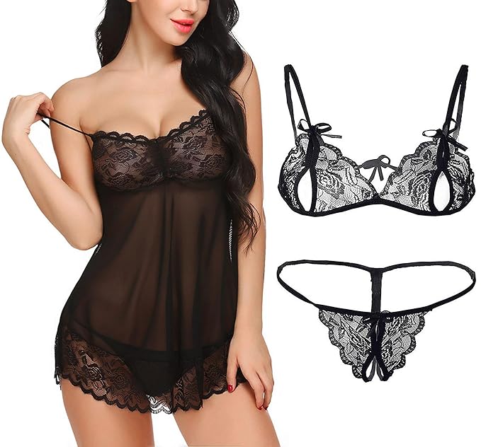 Xs and Os Women's Babydoll with Lace Bra Panty Lingerie Set Combo